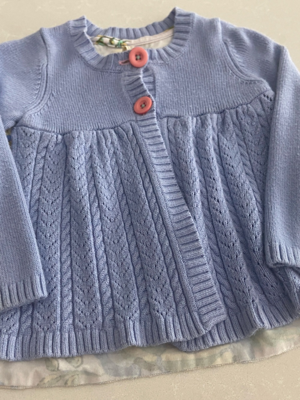 Matilda Jane Light Blue Cable Knit Cardigan with Pink Buttons. 18-24